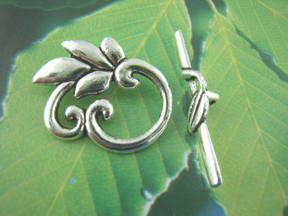 Antique Silver Toggle Clasp, Leaf Design, 20 sets