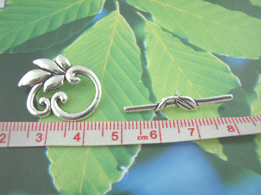 Antique Silver Toggle Clasp, Leaf Design, 20 sets