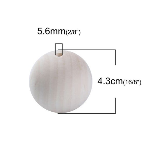 Wooden Beads Round, 43mm, hole 5.6mm, Raw 5pcs