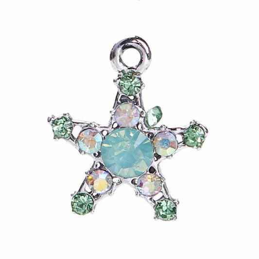 Antique Silver Star Charm, Green AB Rhinestone 19mm x 16mm, 10 PCs