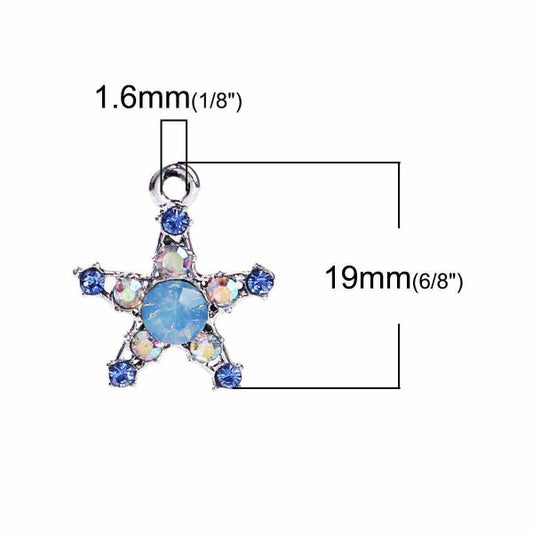 Antique Silver Star Charm, Blue AB Rhinestone 19mm x 16mm, 10 PCs