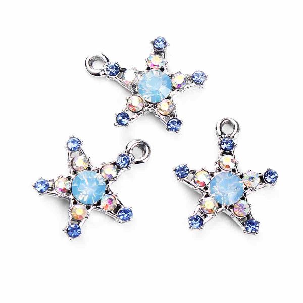 Antique Silver Star Charm, Blue AB Rhinestone 19mm x 16mm, 10 PCs