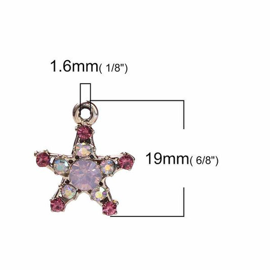Antique Gold Star Charm, Pink AB Rhinestone 19mm x 16mm, 10 PCs