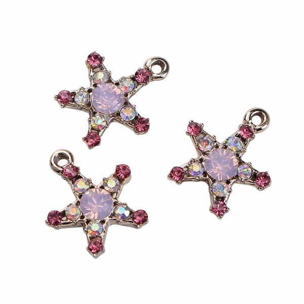Antique Gold Star Charm, Pink AB Rhinestone 19mm x 16mm, 10 PCs