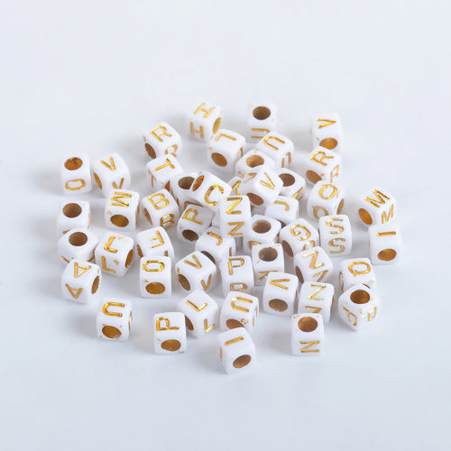 Acrylic White & Gold Alphabet/Letter "A-Z" Cube Beads, 6 x 6mm, 500 pcs