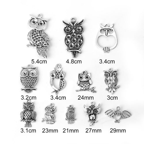 Antique Silver, Metal Owl Charms, Mixed, 12pcs