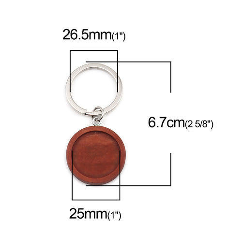 Wooden Cabochon Bezel Setting, Keyring 67mm x 30mm, (fits 25mm) Red Brown Wood, 1pc