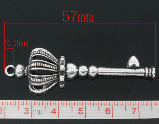 Antique Silver Key Pendants, Crown Heart Design, 57x19mm, 10pcs