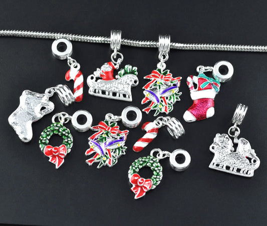 Silver Plated Enamel Christmas Mixed Charms, with Bails, 10pcs