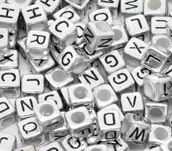 Acrylic Silver Alphabet/Letter "A-Z" Cube Beads, 6 x 6mm, 500 pcs