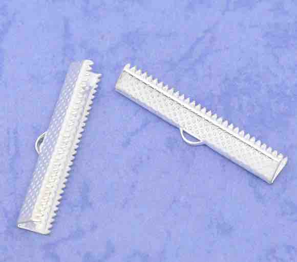 Ribbon Crimp Ends, silver plated textured end caps 35x7mm, 50pcs