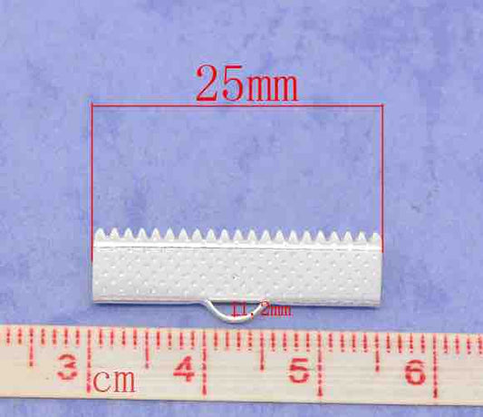 Ribbon Crimp Ends, silver plated textured end caps 25x7mm, 100pcs