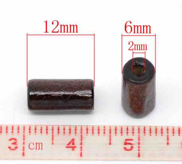 Wooden Beads Tubes, Dyed Coffee, 12x6mm, hole 2mm, 500pcs
