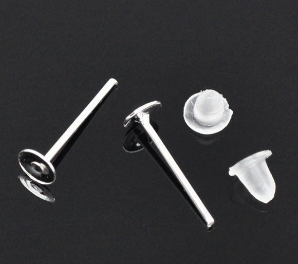 Ear Stud, Silver Plated Post With Stoppers 12x4mm Pad, 500 pairs