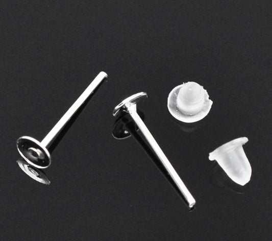 Ear Stud, Silver Plated Post With Stoppers 12x4mm Pad, 500 pairs