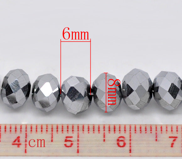 Crystal Glass Faceted Rondelle, 8x6mm, Silver tone, 40cm strand