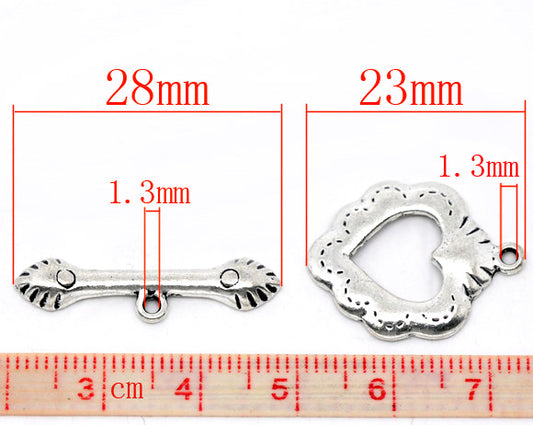 Antique Silver Toggle Clasp Heart Charm, 23x19mm, 30 sets