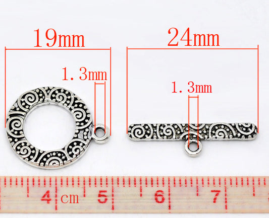 Antique Silver Toggle Clasp, Pattern, 19x16mm 24x6mm, 40 sets
