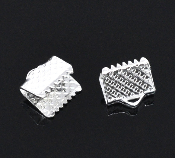 Ribbon Crimp Ends, silver plated textured End Caps 8x8mm, 200pcs