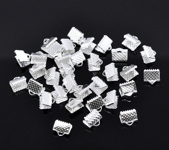 Ribbon Crimp Ends, silver plated textured End Caps 8x8mm, 200pcs