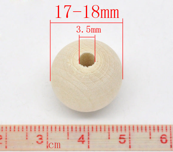 Wooden Beads Round, 18mm, 50 pieces, Raw (3.5mm hole)