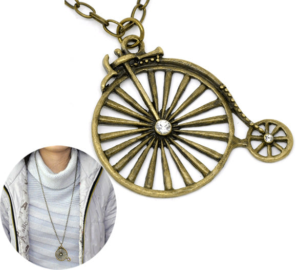 Antique Bronze Rhinestone Bicycle Pendant Necklaces 31-1/2"(80cm), 1pc