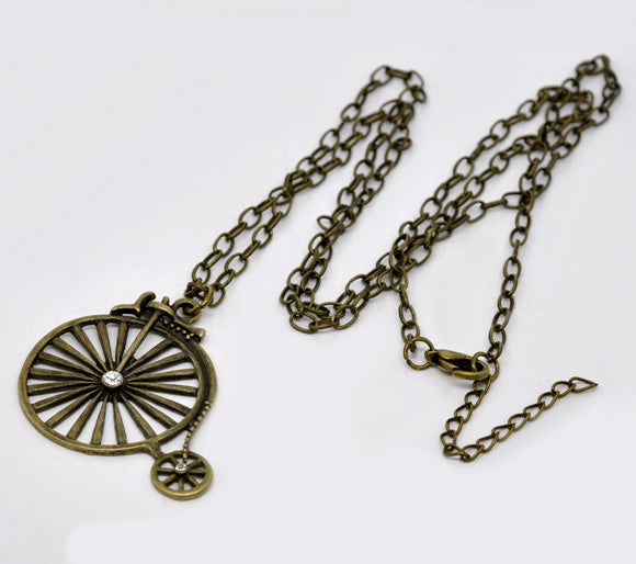 Antique Bronze Rhinestone Bicycle Pendant Necklaces 31-1/2"(80cm), 1pc