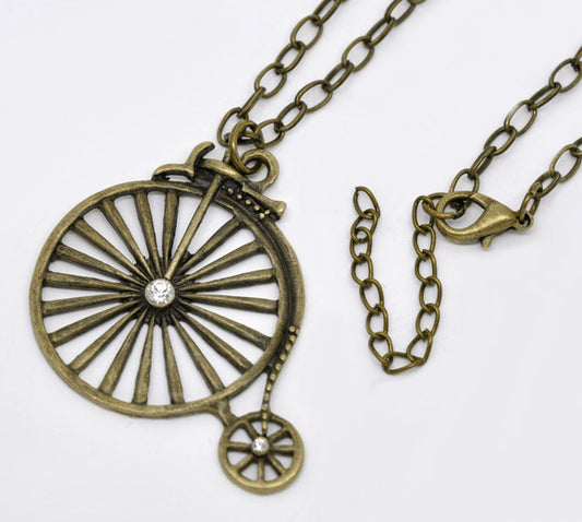 Antique Bronze Rhinestone Bicycle Pendant Necklaces 31-1/2"(80cm), 1pc