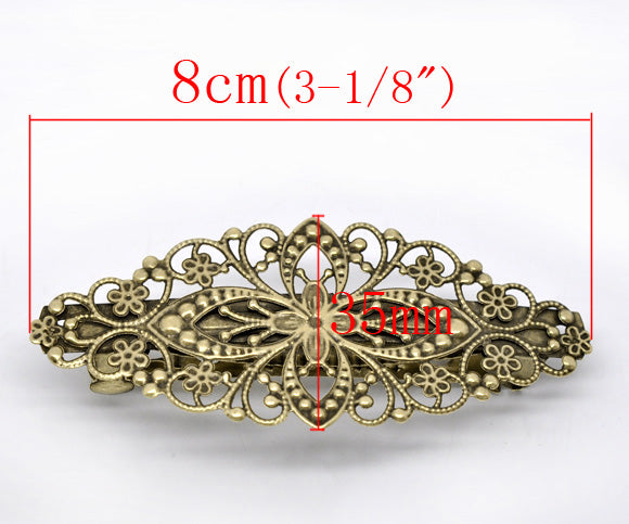Antique Bronze Hair Barrette Clip, filigree, 80mm x 35mm, 5pcs