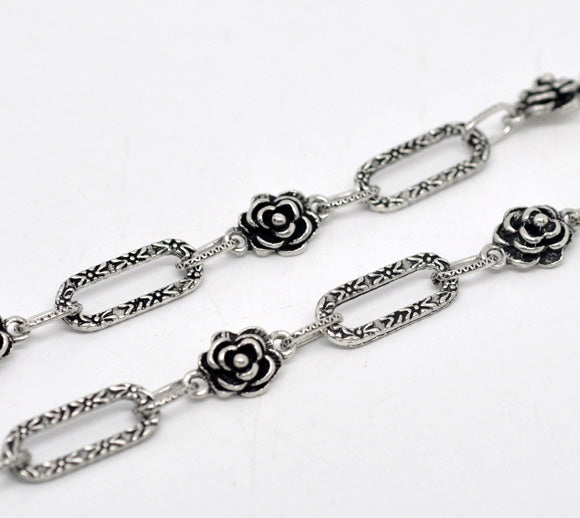 Antique Silver Flower Rectangle Chain Necklace, 16x10mm 21x8mm, 1 metre