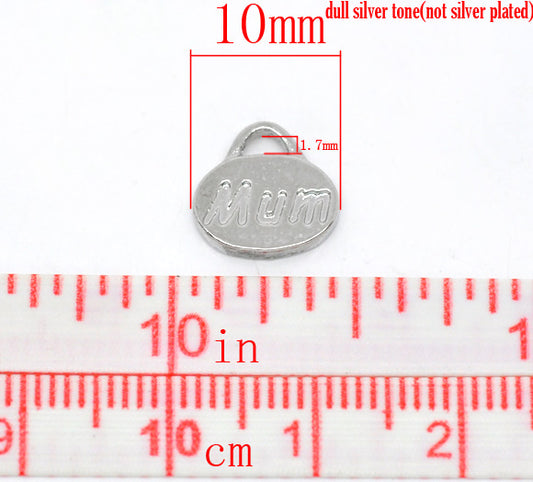 Antique Silver "Mum" Charm Oval Pendants 10x10mm, 50pcs