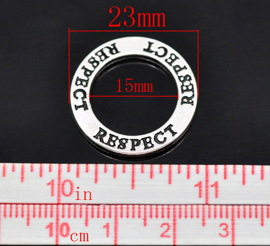 Antique Silver Affirmation Charm, "Respect", 23mm, 20pcs