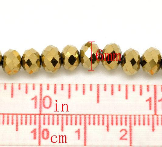 Crystal Glass Faceted Rondelle, 8x6mm, gold tone 3 strands