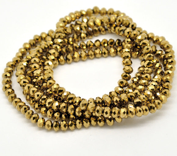 Crystal Glass Faceted Rondelle, 8x6mm, gold tone 3 strands