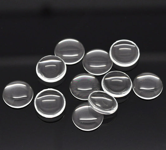 Cabochon, glass, clear, 14mm round dome. 50pcs
