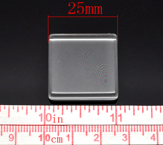 Cabochon, glass, clear, 25x25mm flat square. 10pcs
