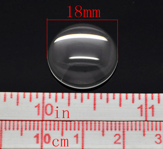 Cabochon, glass, clear, 18mm round dome. 30pcs