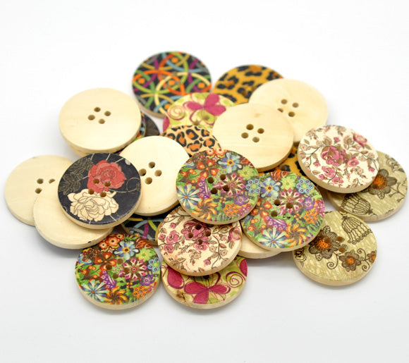 Wooden Buttons, Mixed Patterns, 30mm, 50pcs