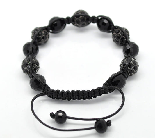 Pave Rhinestone Black Rhinestone Crystal Glass Beads Braiding Adjustable Bracelet 21cm-25cm(8"-10"), 1pc - Shamballa Style