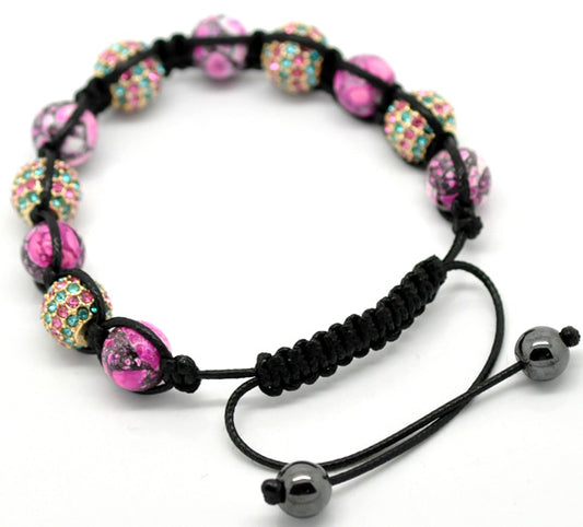 Pave Rhinestone Rhinestone and Glass Beads Braiding Adjustable Bracelet 21cm-25cm(8"-10"), 1pc - Shamballa Style
