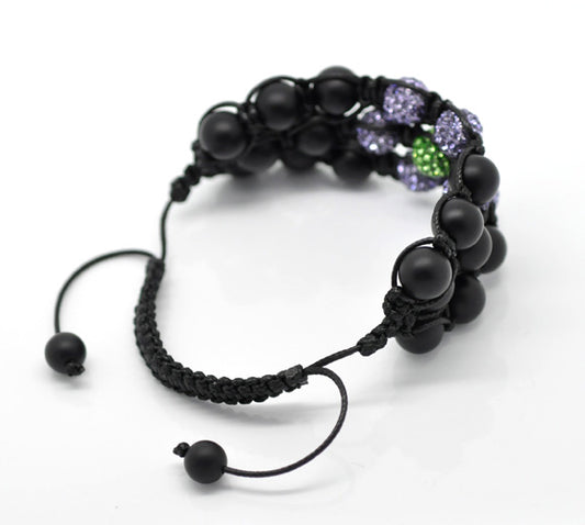 Pave Rhinestone Onyx Beads 3 Row Braiding Adjustable Bracelet 22cm(8-5/8"), 10mm,, 1pc - Shamballa Style