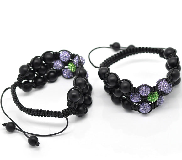 Pave Rhinestone Onyx Beads 3 Row Braiding Adjustable Bracelet 22cm(8-5/8"), 10mm,, 1pc - Shamballa Style