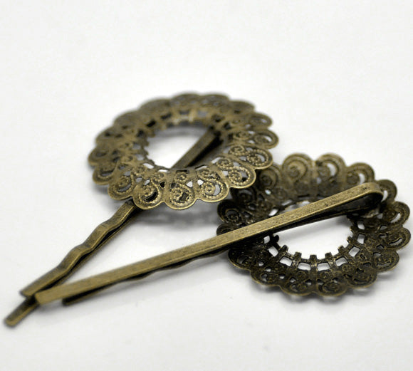 Antique Bronze Filigree Flower Bobby Pins Hair Clips 5.7x2.9cm, 20pcs