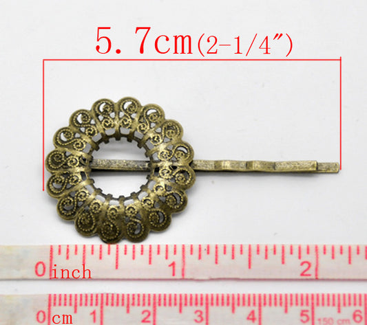 Antique Bronze Filigree Flower Bobby Pins Hair Clips 5.7x2.9cm, 20pcs