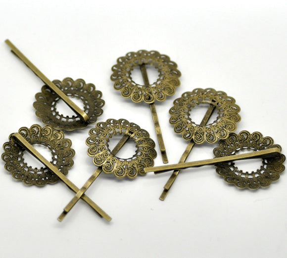 Antique Bronze Filigree Flower Bobby Pins Hair Clips 5.7x2.9cm, 20pcs