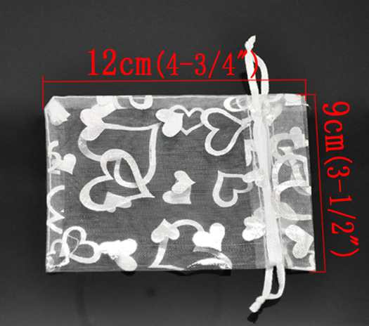 Organza Drawstring Bags, White Heart Design, 12 x9cm, 10 pcs