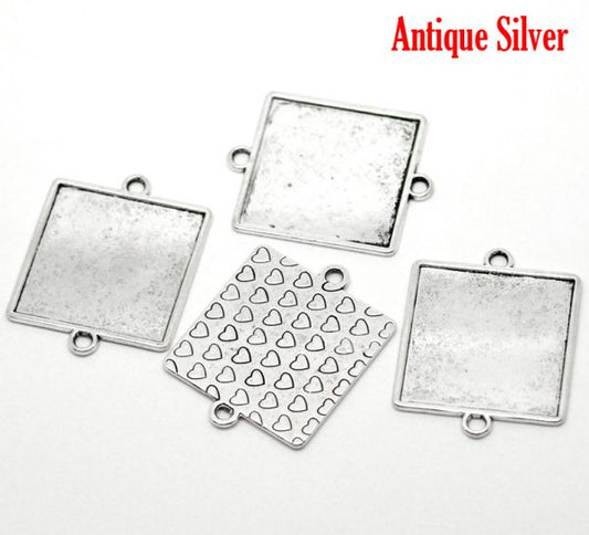 Antique Silver Frame Settings 49x39mm (fit35x35mm), square 5pcs, two rings