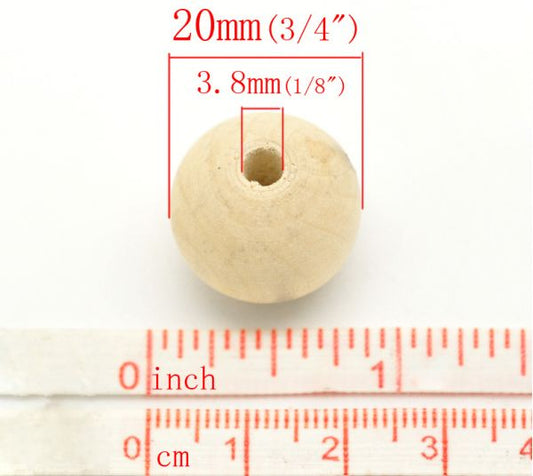 Wooden Beads Round, 20mm, 50 pieces, Raw (3.8mm hole)