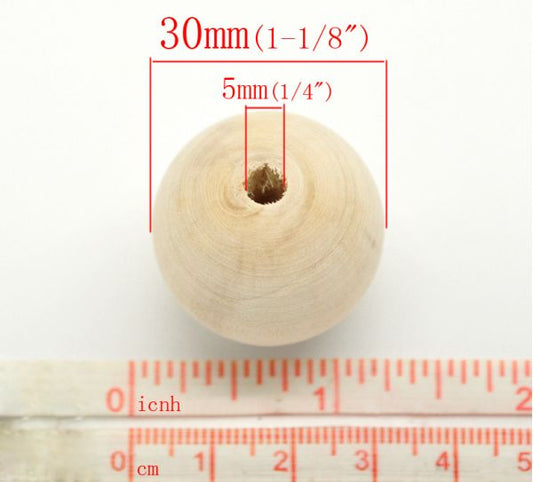 Wooden Beads Round, 30mm Raw 20pcs (5mm hole)