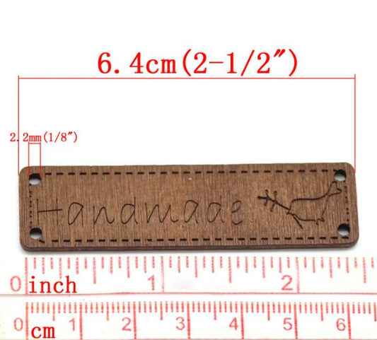 Handmade" Rectangle Wood Connectors 6.4x1.7cm, 50PCs Coffee Bird Pattern